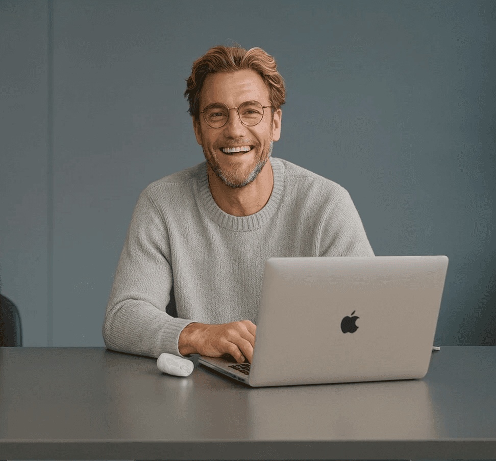 A person with glasses and a beard smiles warmly while working on a laptop at a desk. The setting is casual and relaxed, with a neutral background