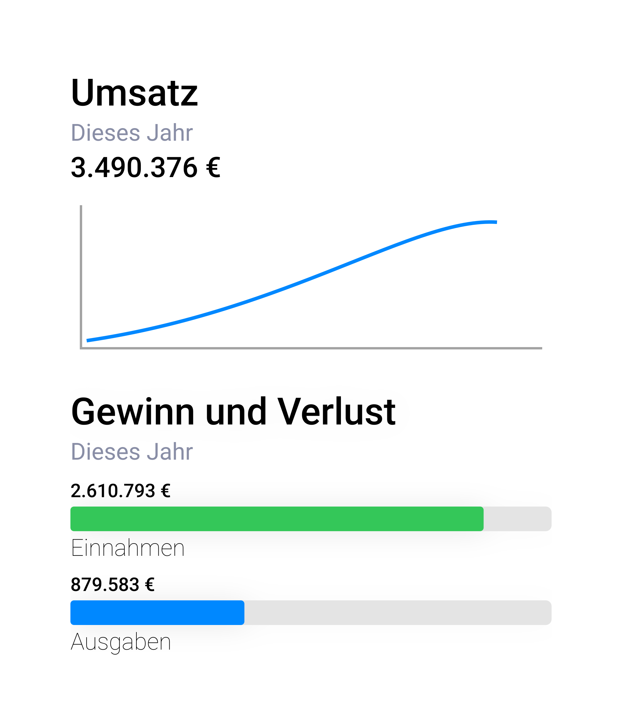 Umsatzkurve mit stetigem Wachstum auf 3.490.376 € im Jahresverlauf, Gegenüberstellung von Einnahmen und Ausgaben als Fortschrittsbalken