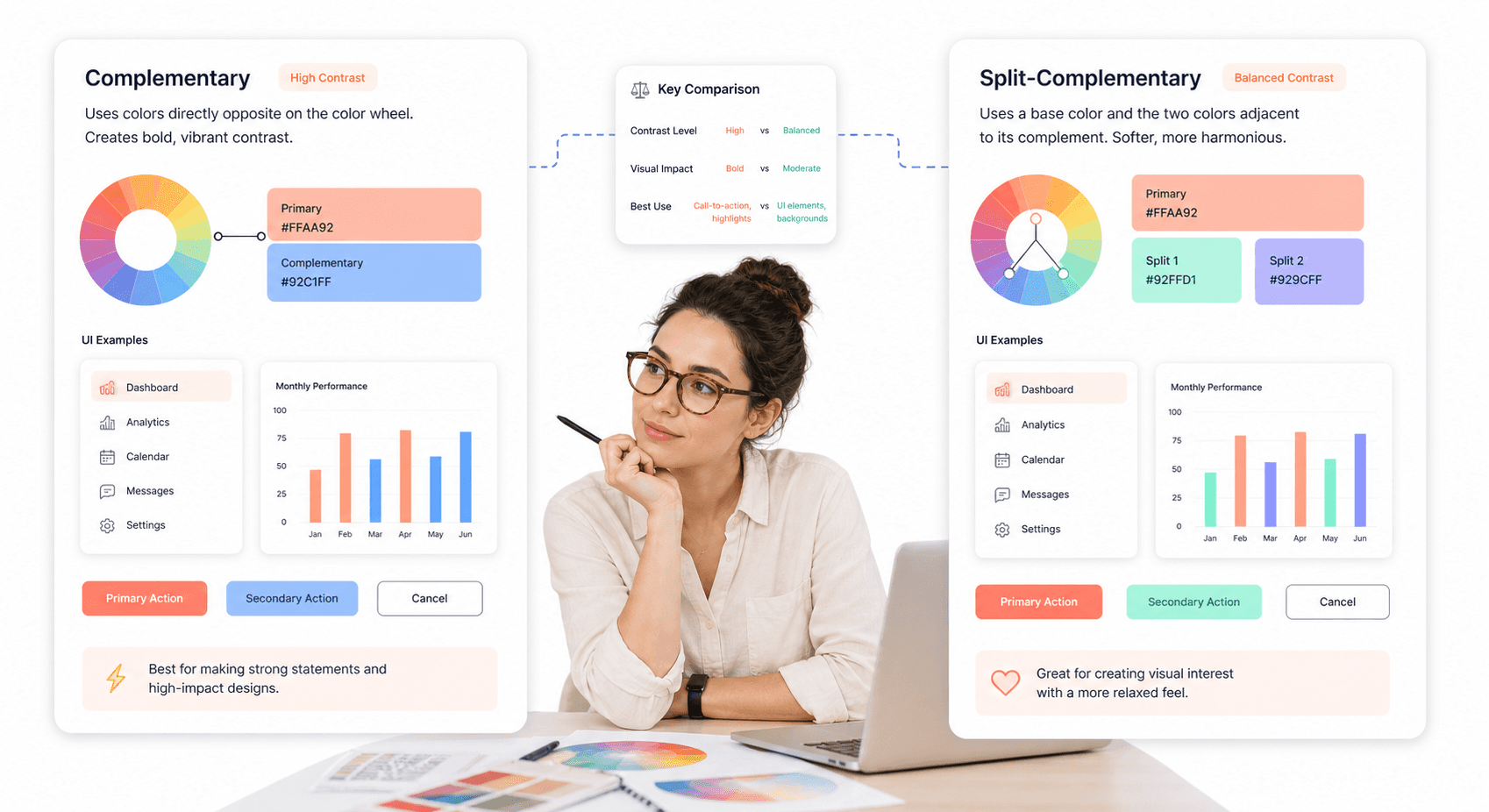 “Side-by-side comparison of complementary and split-complementary color schemes inside modern SaaS UI cards and interface components.”