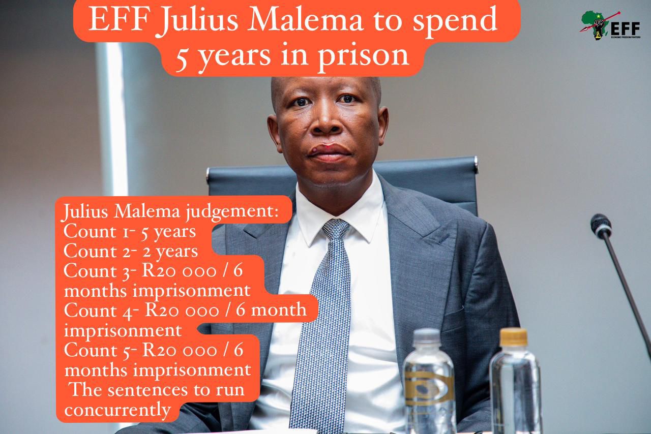Photo:Malema sentenced to five years for firearm offence – South African Daily