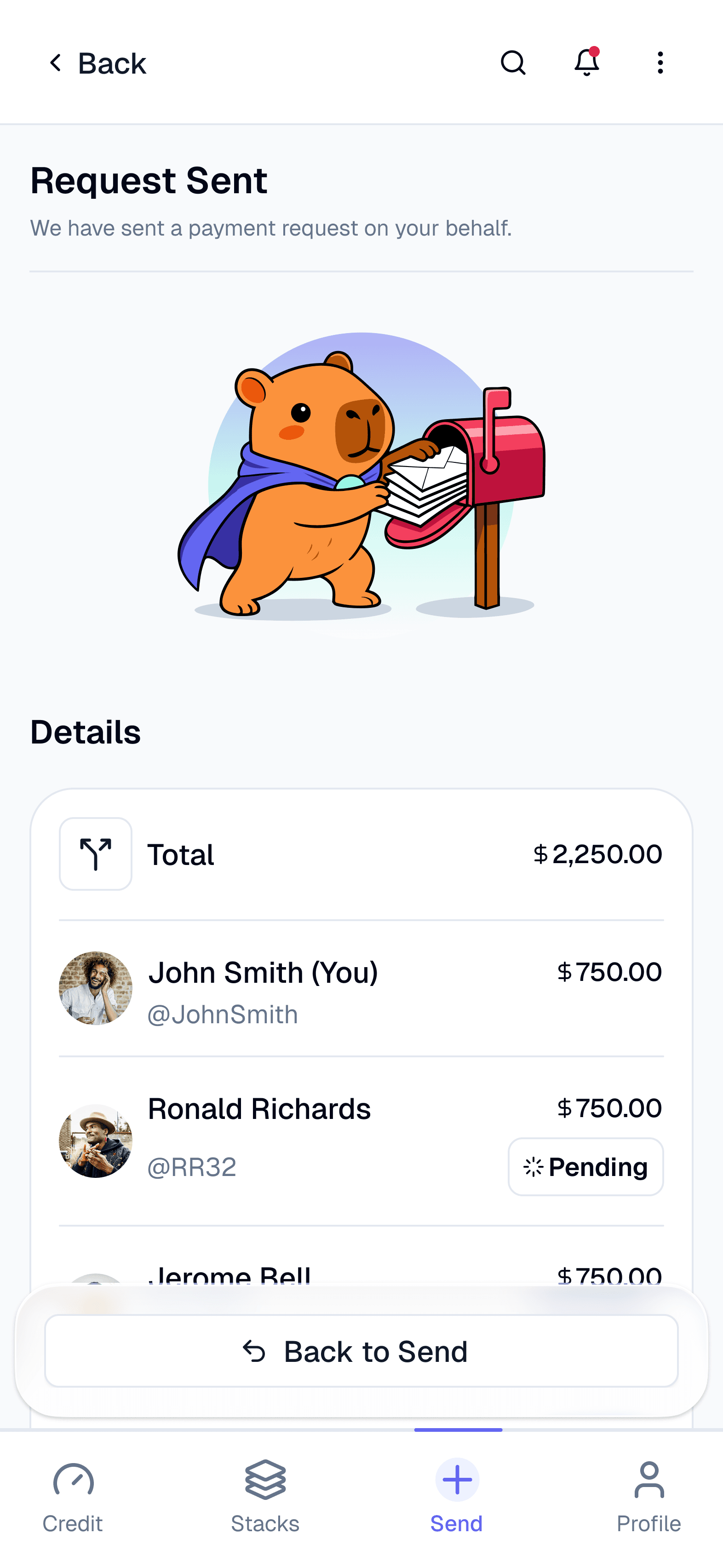 WeStack app showing new shared stack creation with options to invite members and start managing group expenses
