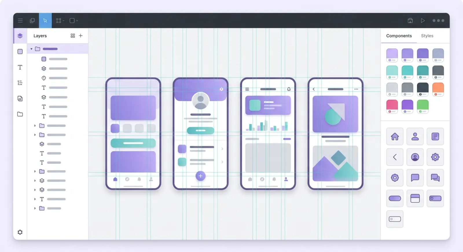 Organized Figma file showing Auto Layout frames, a component library, and named color variables