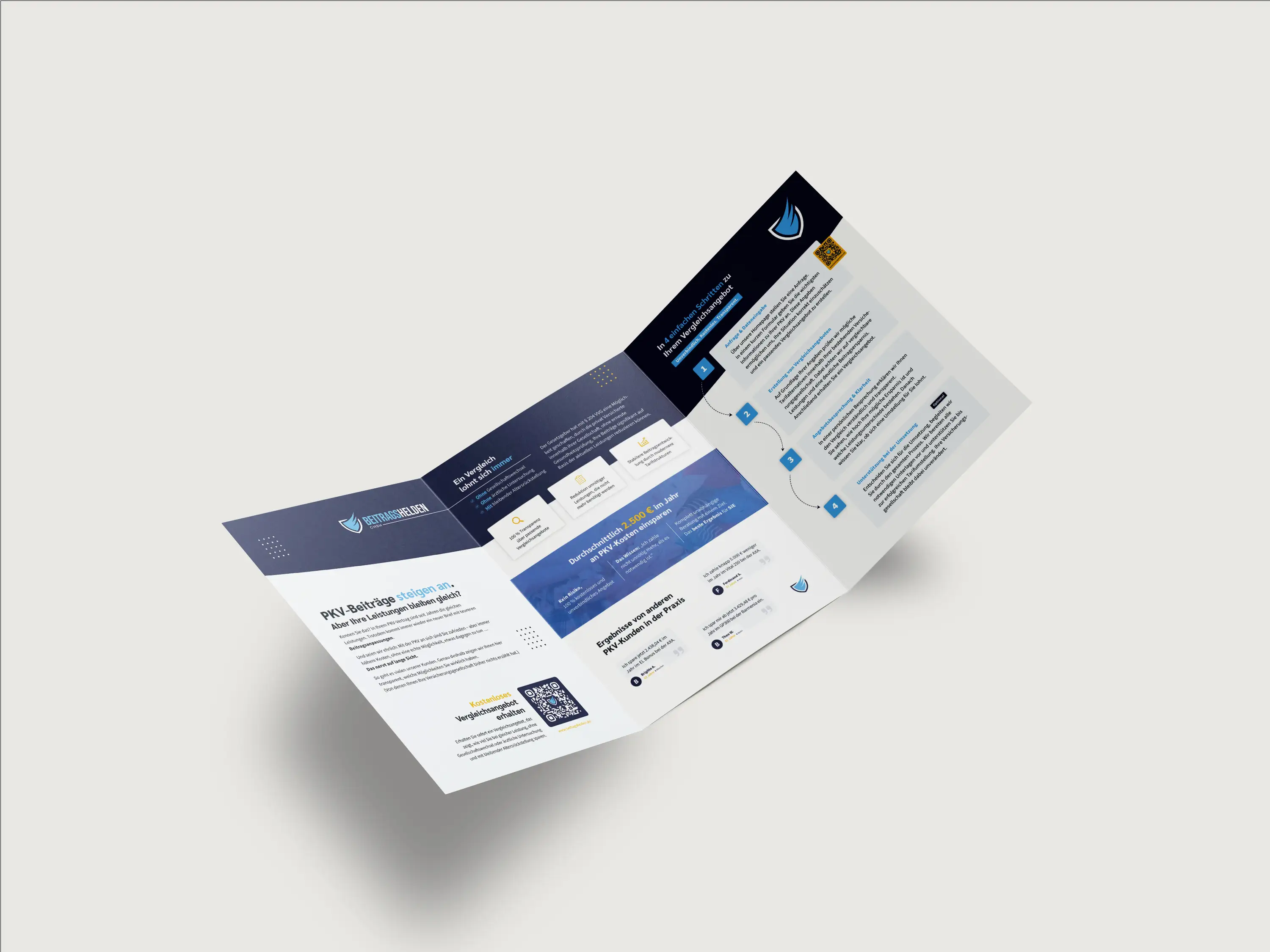 Vollständig aufgeklapptes Innenlayout des Beitragshelden-Flyers mit Vorteilen, Kundenstimmen und Einsparbeispielen