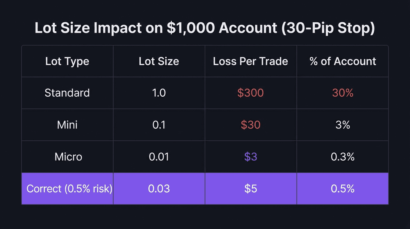 Comparison table showing lot size impact on a $1,000 account with 30-pip stop loss