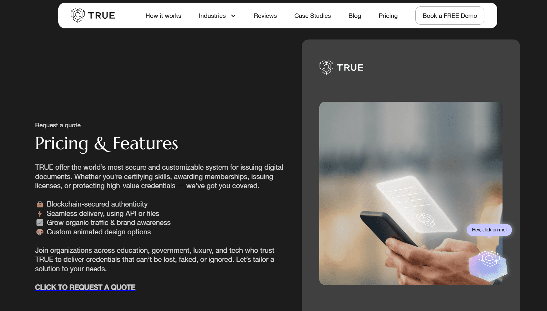 TRUE Original Pricing page
