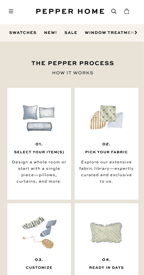 Mobile Shopify process page for Pepper Home explaining custom product creation