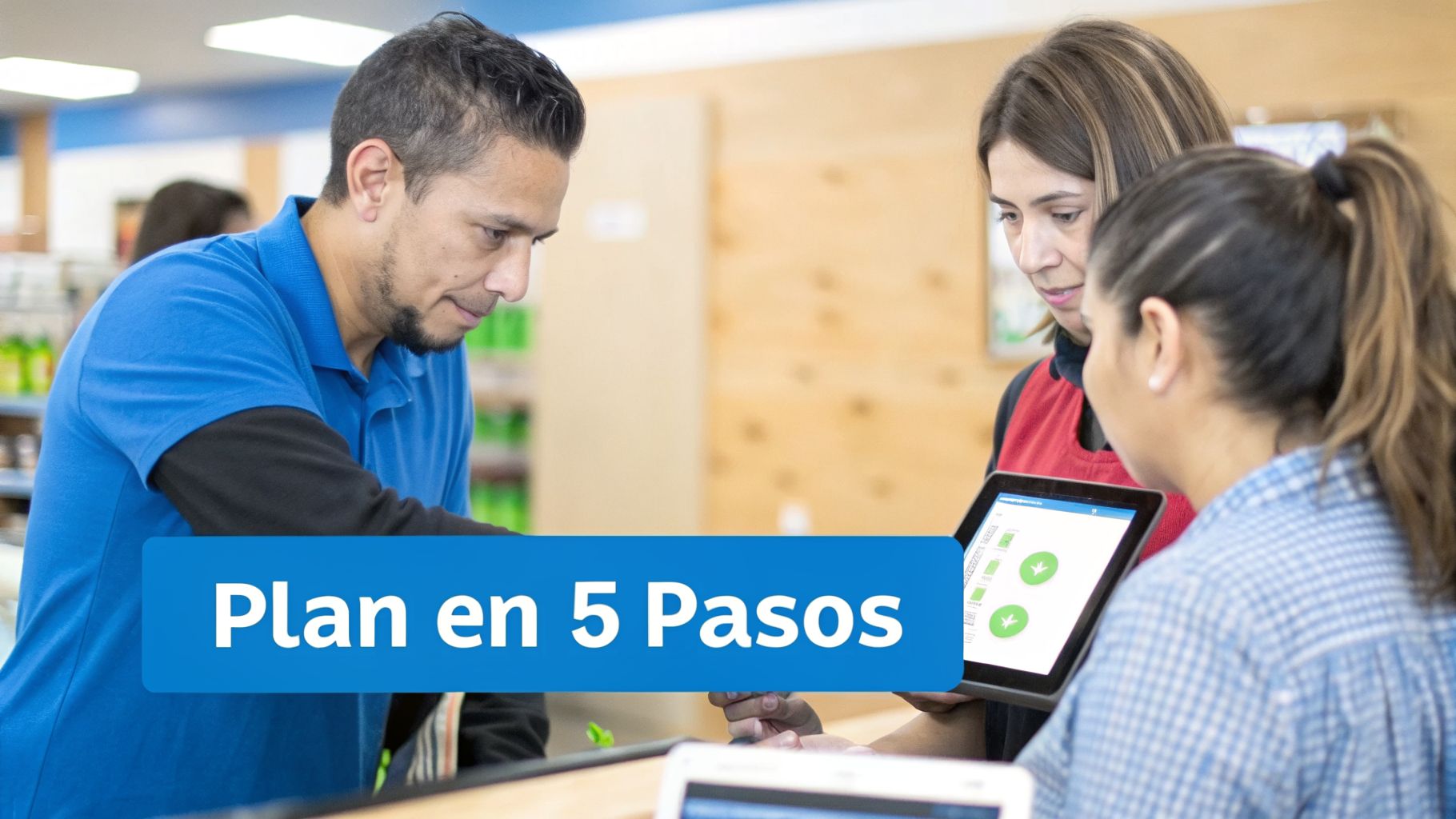 Tres empleados de una tienda revisan una tablet y una computadora juntos, con el texto 'Plan en 5 Pasos'.