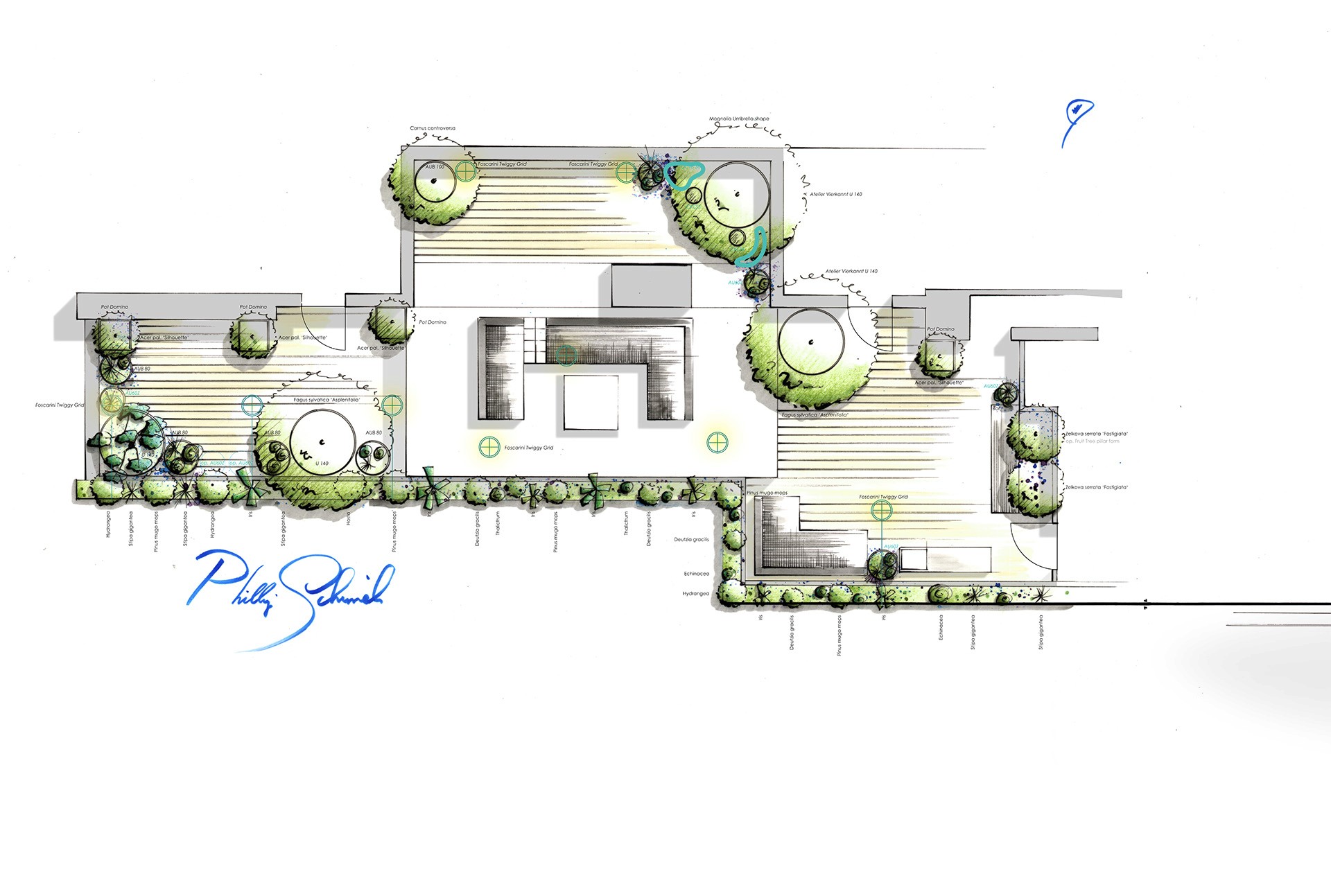Planzeichnung einer Dachterrasse mit Holzdecks, Pflanzbeeten und einem Sitzbereich.