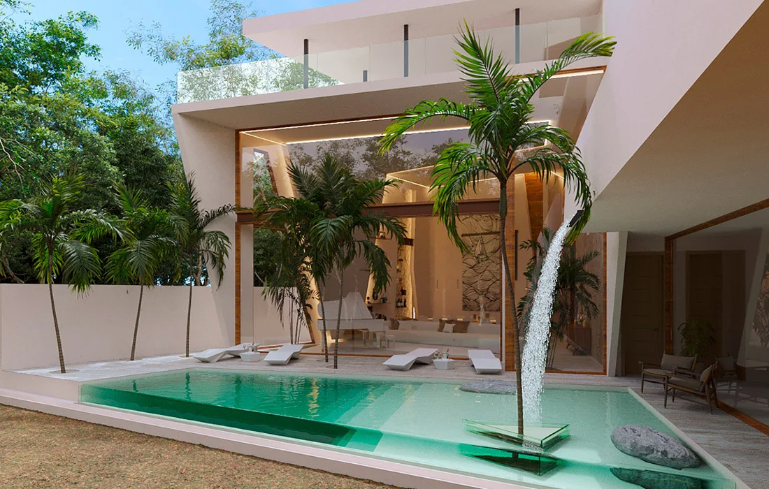 Patio de Casa Sept con alberca de borde de cristal, camastros blancos y piano visible al interior