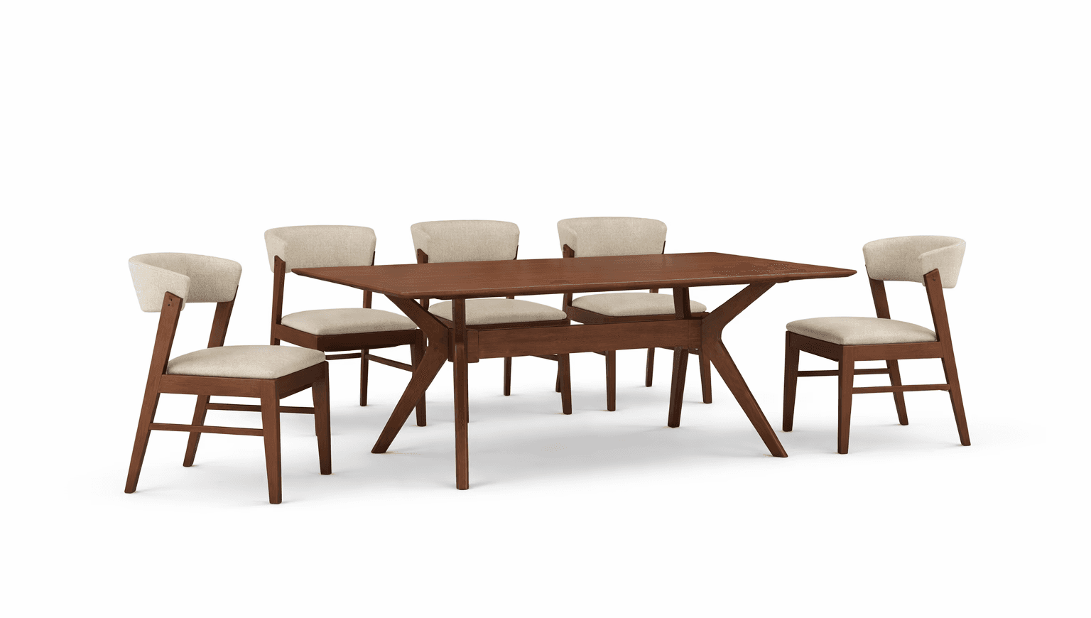 Dining table with angled wooden base, paired with upholstered chairs