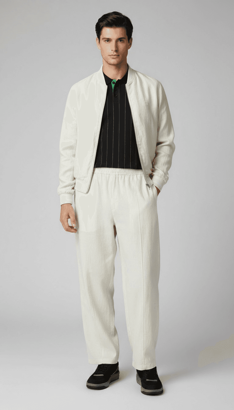 AI-generated male model wearing FILA bomber and pinstripe polo — product fitting from mannequin references