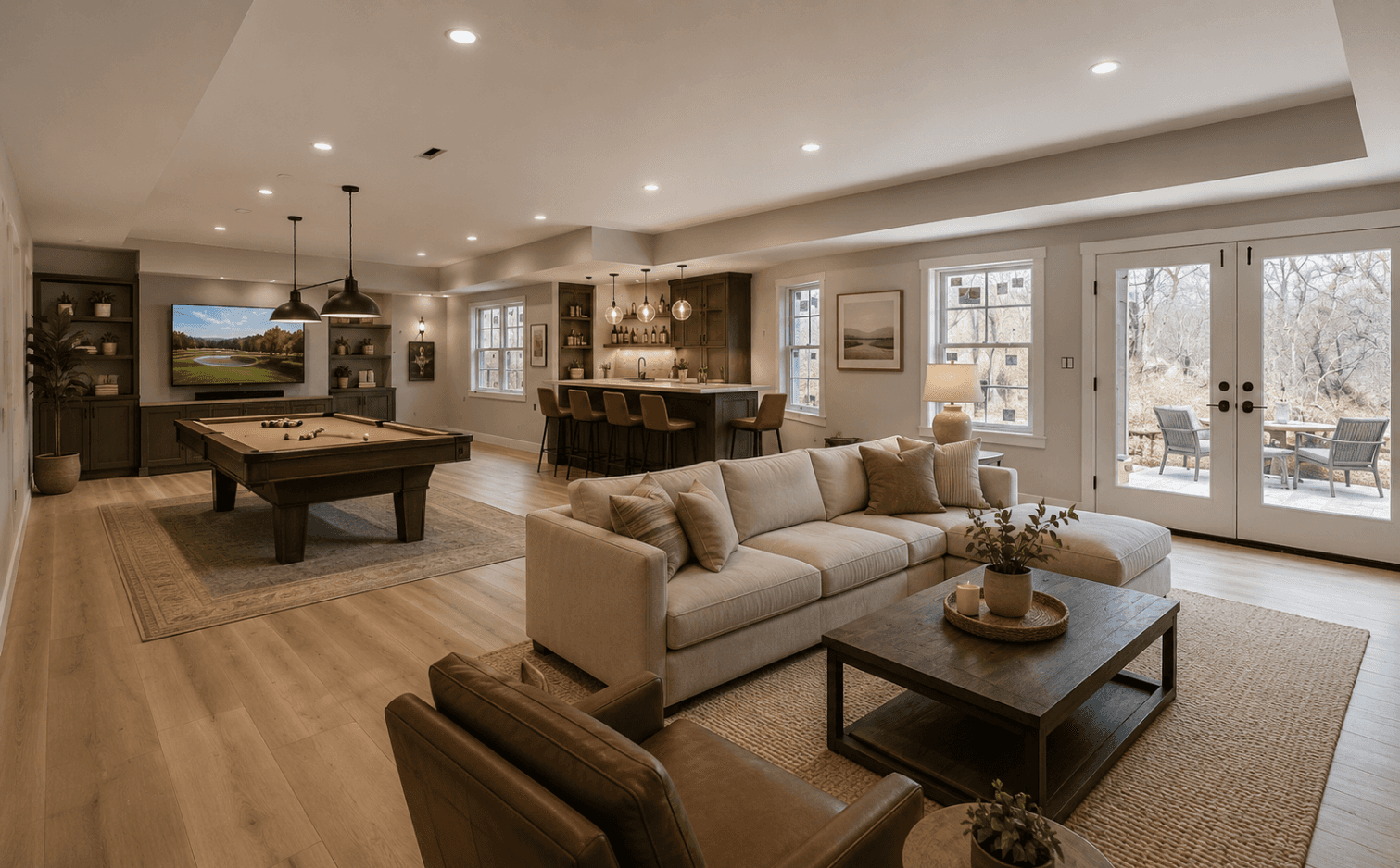 Expansive finished basement with walkout patio