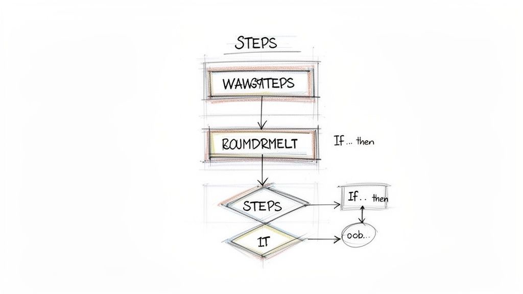 A hand-drawn flowchart illustrating a sequence of steps with decisions, including 'WAWGSTEPS' and 'ROUMDRMELT'.
