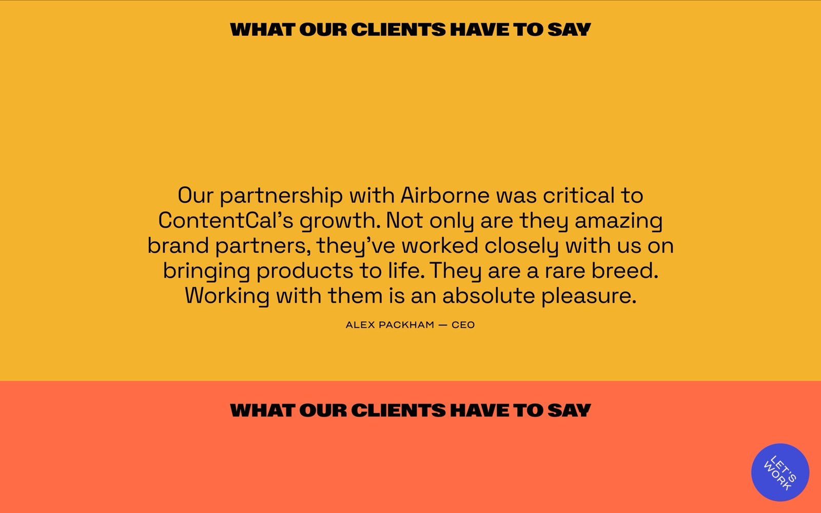 Yellow and red split background with text: "WHAT OUR CLIENTS HAVE TO SAY." Quote by Alex Packham, CEO, praising Airborne. Blue circle bottom right.