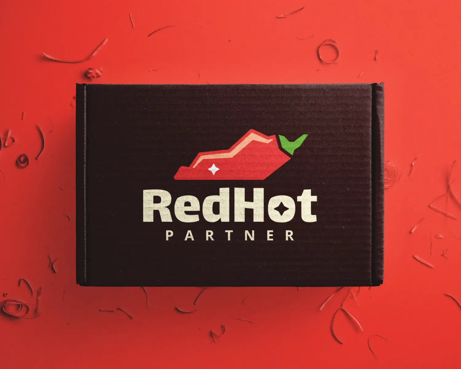 Black box on a red background with a logo of a red hot pepper and green stem. Text reads "Red Hot Partner." Energetic and bold design.