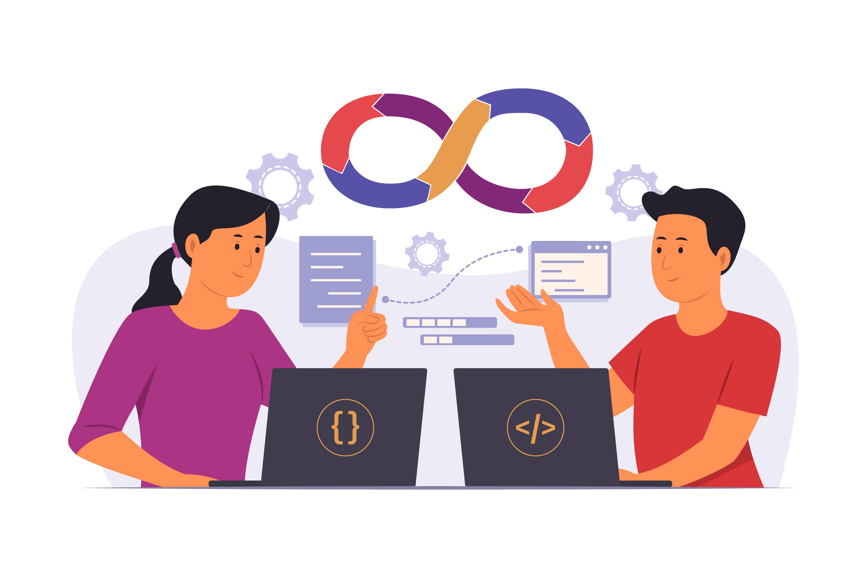 Two developers collaborating on DevOps workflow, learning DevOps from scratch with laptops showing code symbols and an infinity loop representing continuous integration/deployment processes.