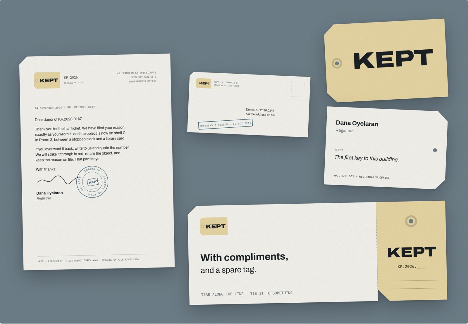 Stationery set: letterhead, envelope, business cards and compliment slip.