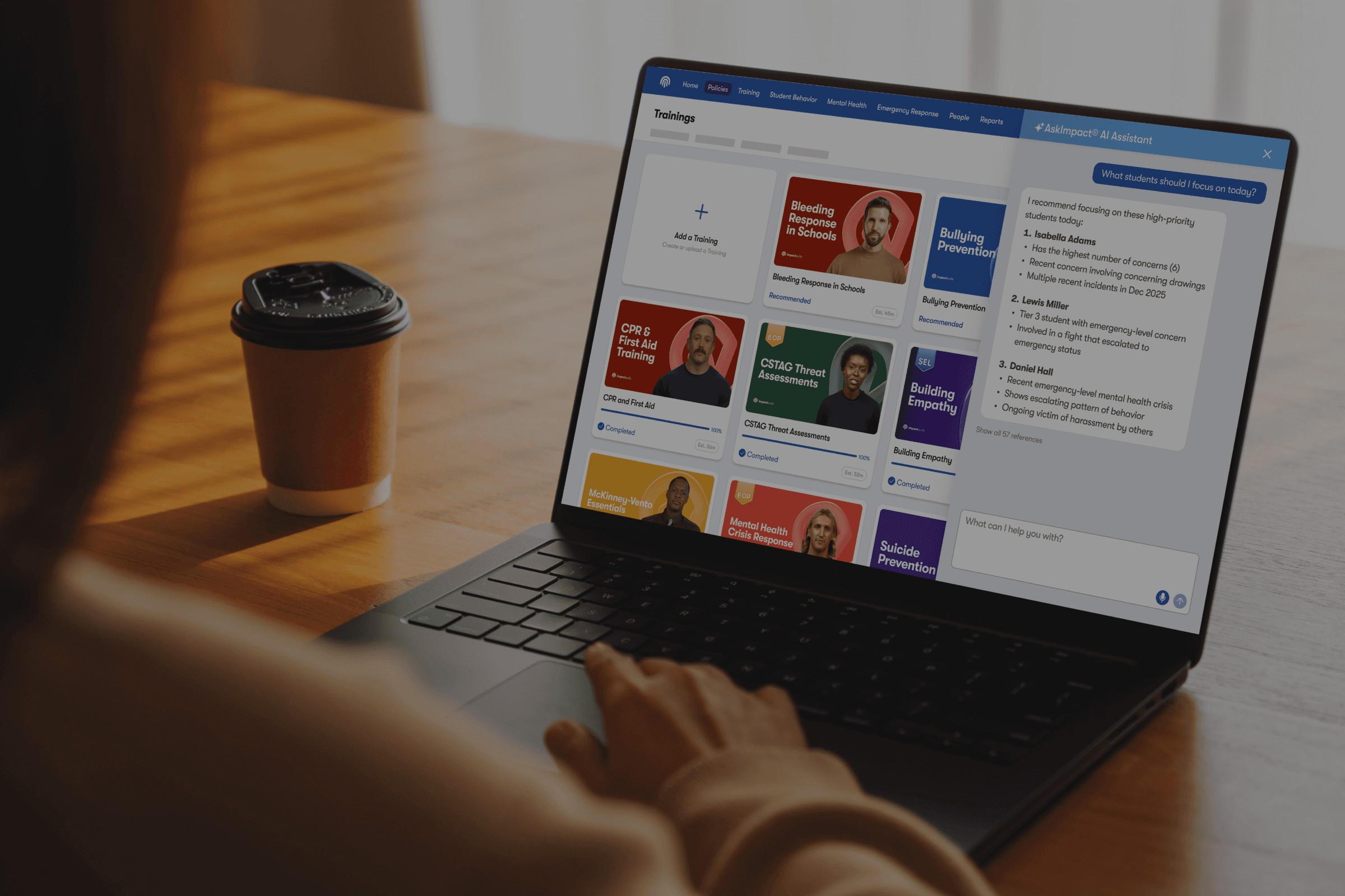 Image of a mockup of Impact Suite software dashboard. It shows the user the number of concerns and cases, it shows a concerns timeline, it lists the top students who need personal care, and it gives details into who has/has not compnleted safety trainings and policy acknowledgements.