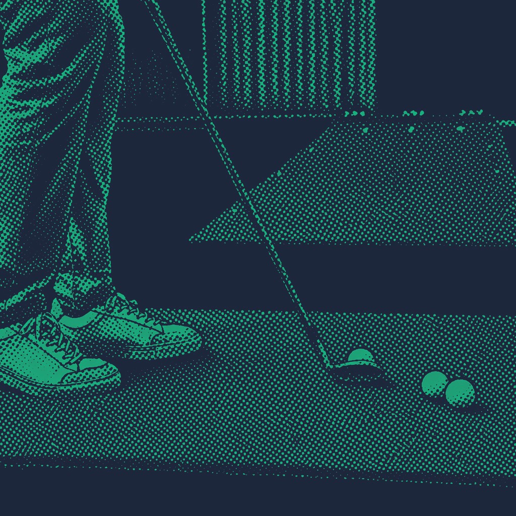 A high-contrast teal illustration in a halftone dot style, featuring a golf pin flag blowing in the wind on a green. In the background, the silhouettes of trees line the edge of the fairway under a dark sky.