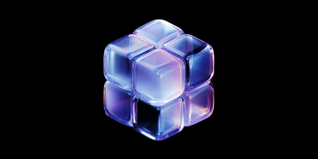 3D glass cube cluster icon on black background