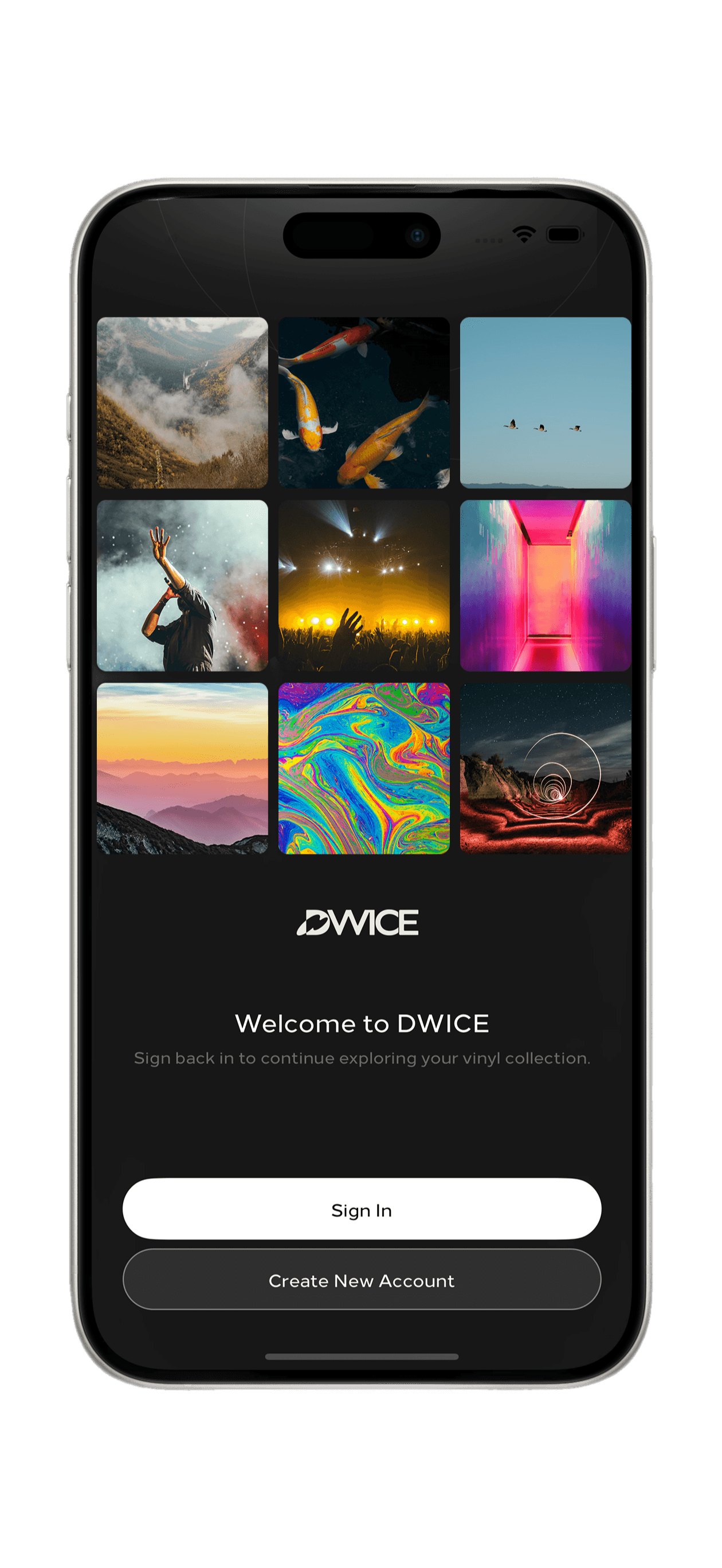 DWICE app welcome screen showing community visuals and options to sign in or create an account.