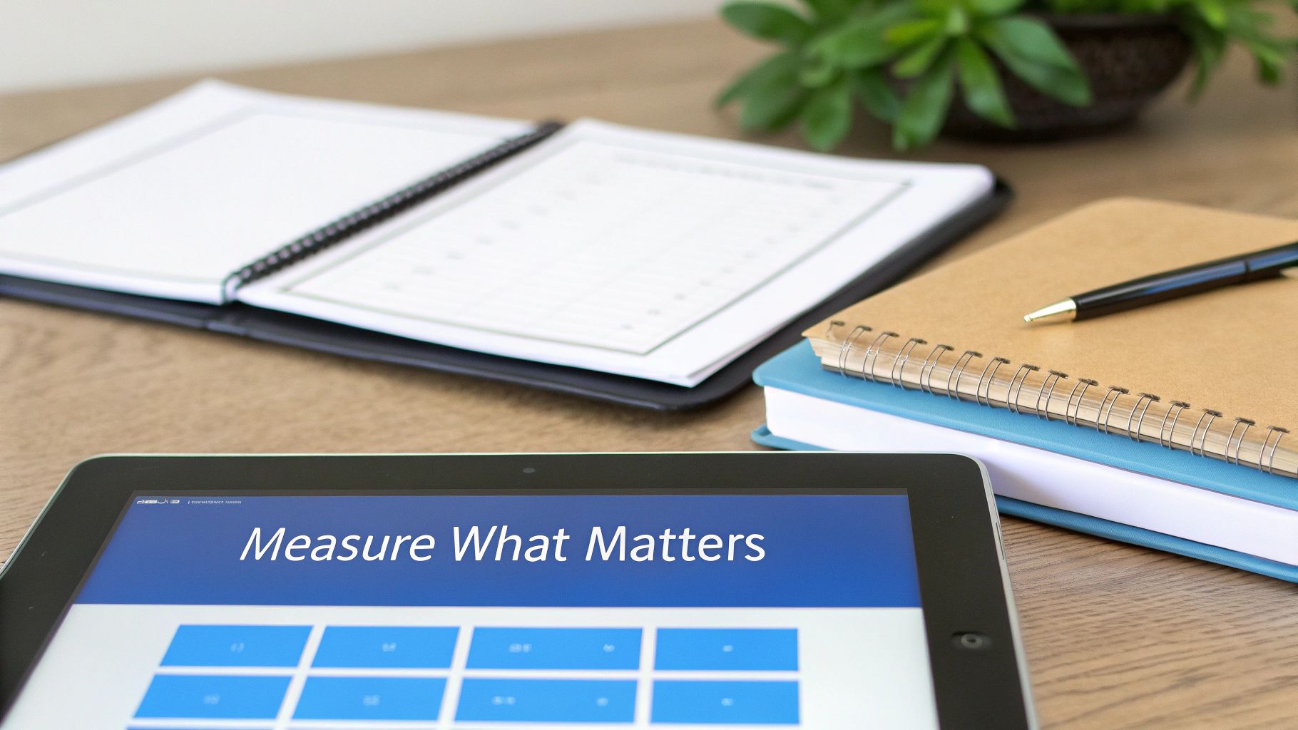 A tablet displays 'Measure What Matters' with data grids, alongside notebooks and a pen on a wooden desk.