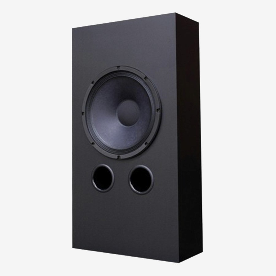 Black speaker cabinet with one large circular speaker and two smaller circular ports.