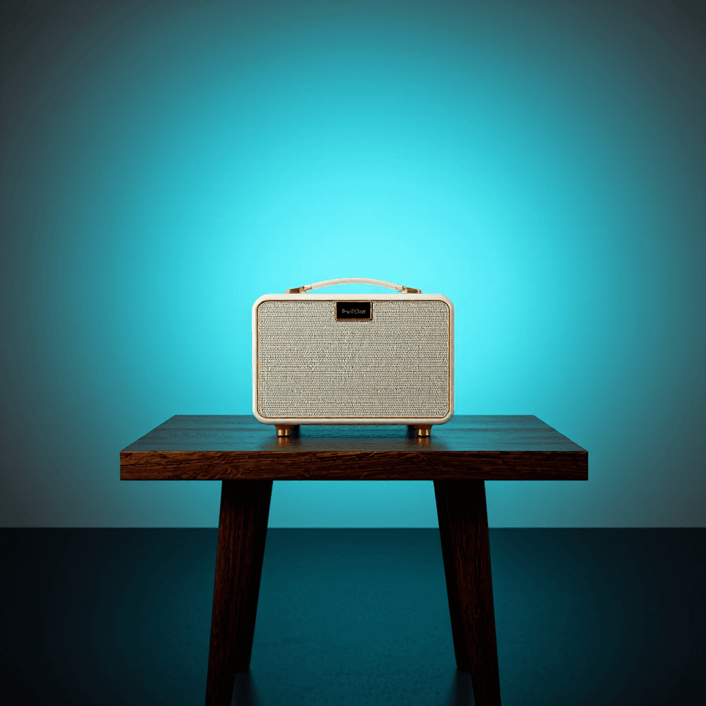 product photography of a portable Bluetooth speaker with a retro design
