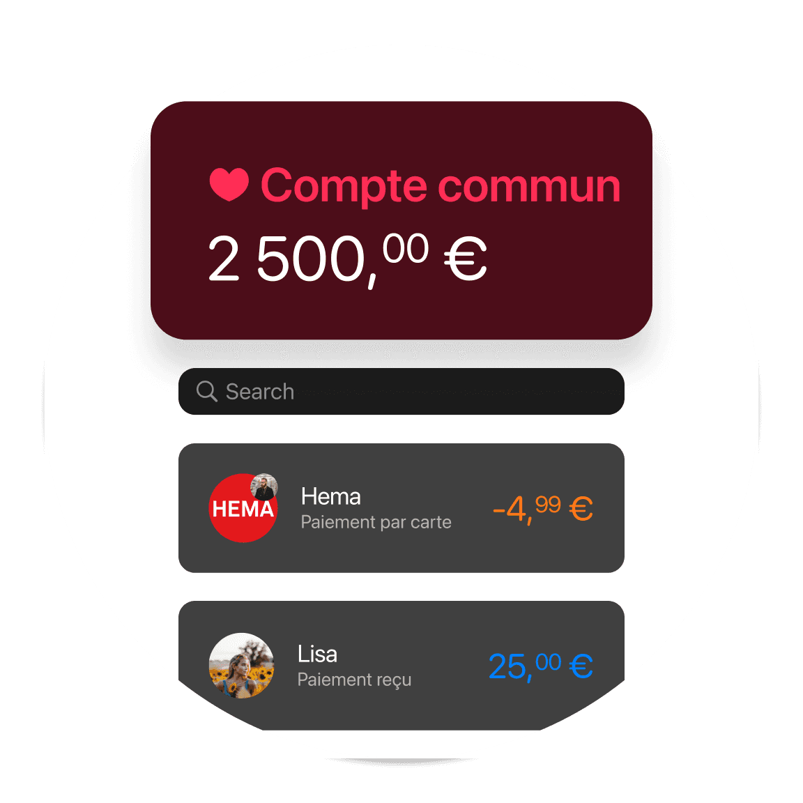 Graphique montrant un solde de compte joint de 2 500 €, avec des options pour les transactions et des comptes liés.