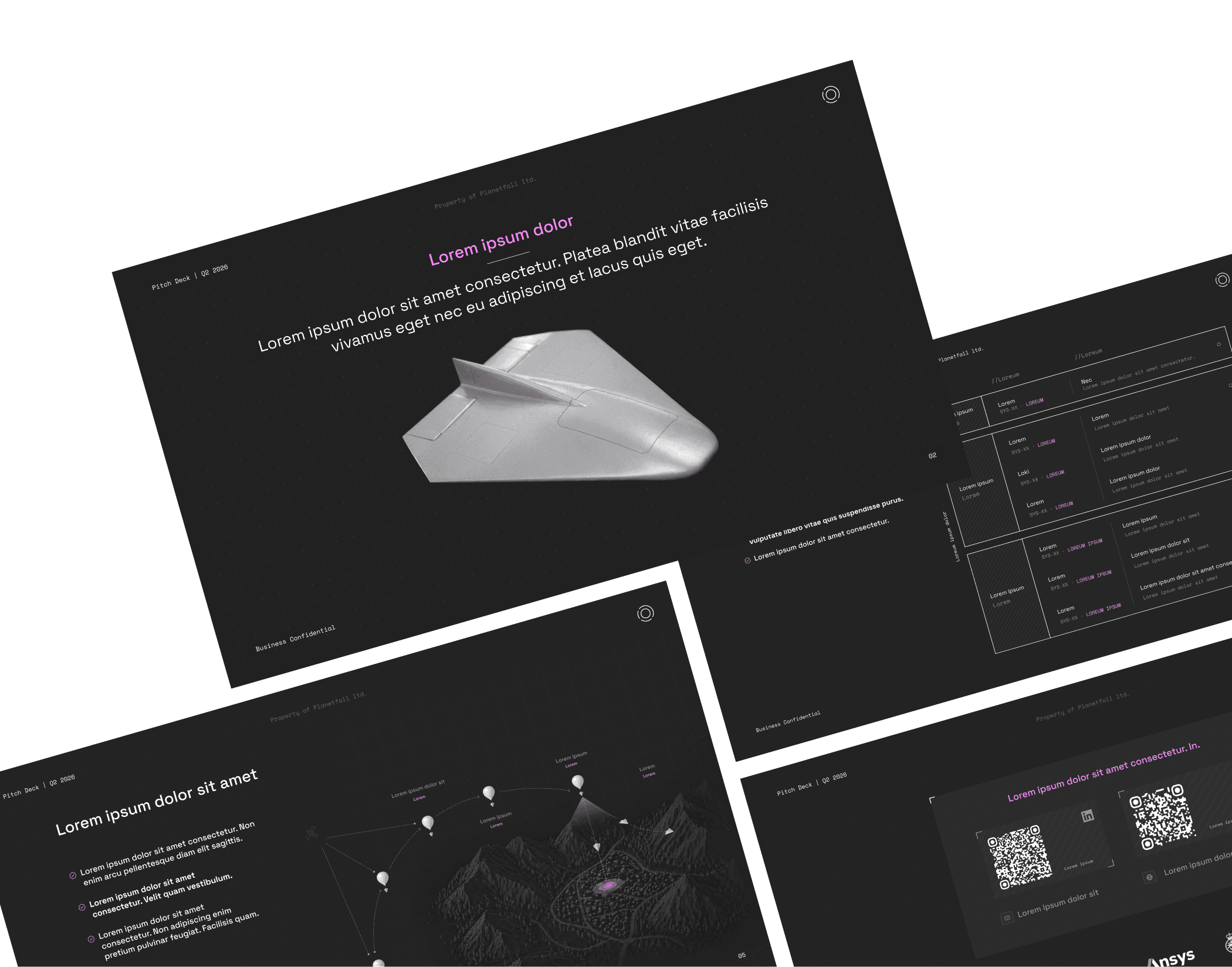 Fanned montage of four investor pitch deck slides: a vehicle hero slide, a comparison table, a balloon altitude slide and a QR code slide.