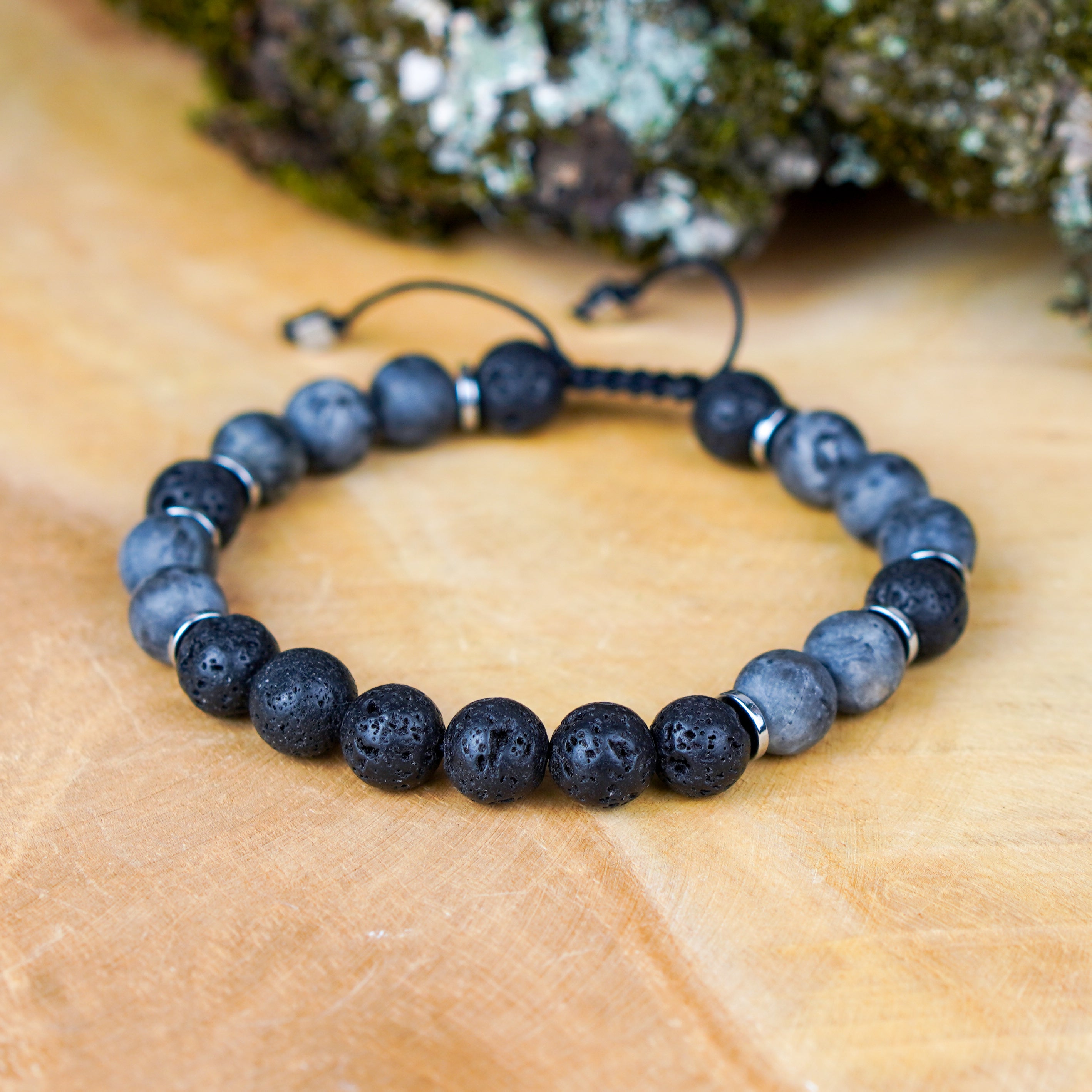 Surowa bransoletka dla niego z kamieni naturalnych larwakit lawa harmonia spokój