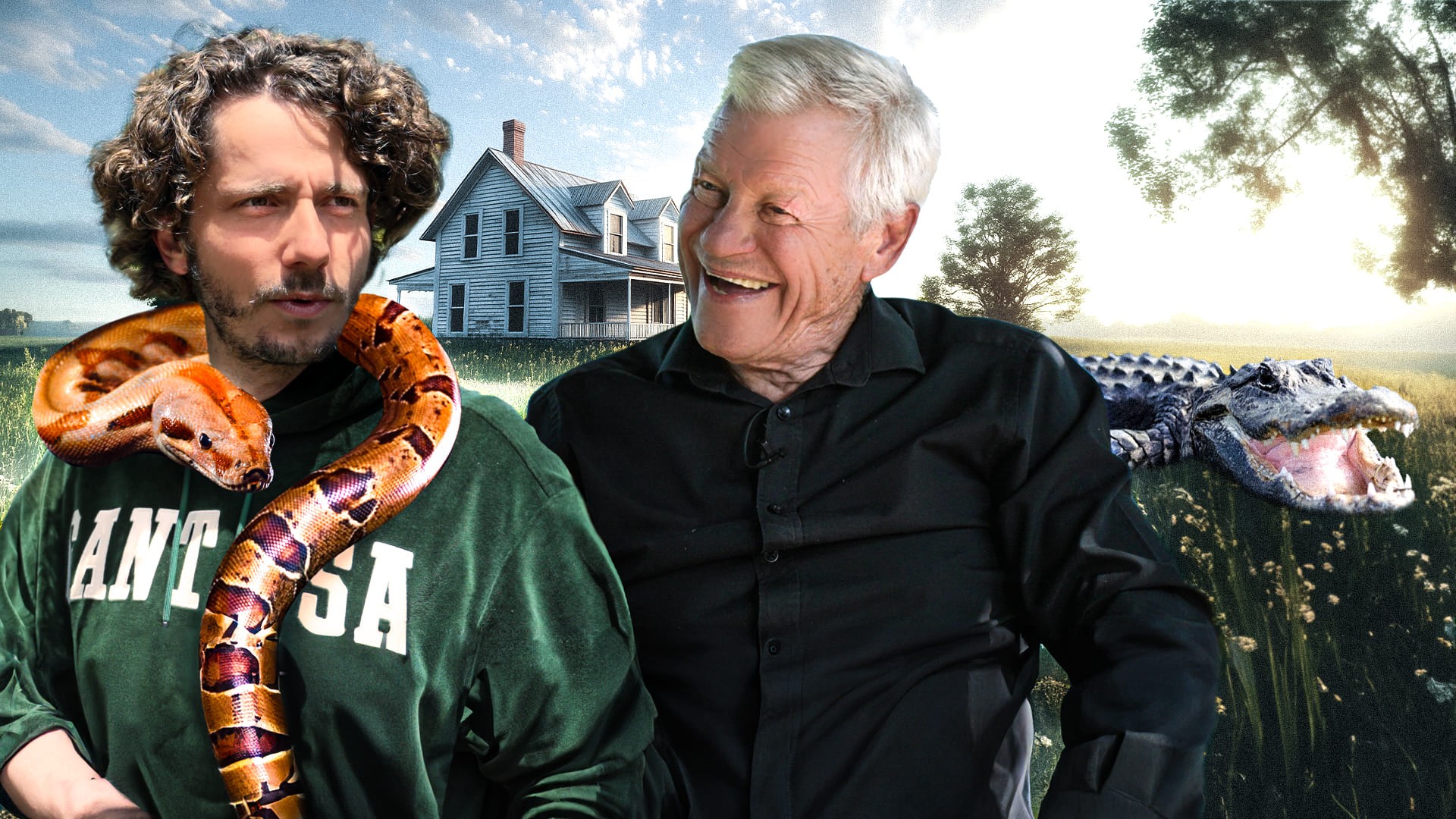 Miniature YouTube pour le média Legend, composée de manière dynamique pour un sujet sensationnel. Au premier plan, Guillaume Pley (à gauche, regard inquiet, sweat à capuche vert) a un serpent constricteur (boa ou python) orange vif enroulé autour de son cou. À côté de lui, un homme plus âgé (l'invité) rit de façon joviale. Le photomontage intègre un arrière-plan rural américain (maison en bois, champ, arbre) et un crocodile ou alligator avec la gueule ouverte dans l'herbe. Ce visuel puissant et dramatique illustre le travail de direction artistique et de graphisme de Nux-Studio pour des miniatures YouTube (thumbnails) à fort CTR sur des sujets d'interviews extrêmes, nature ou découvertes insolites.