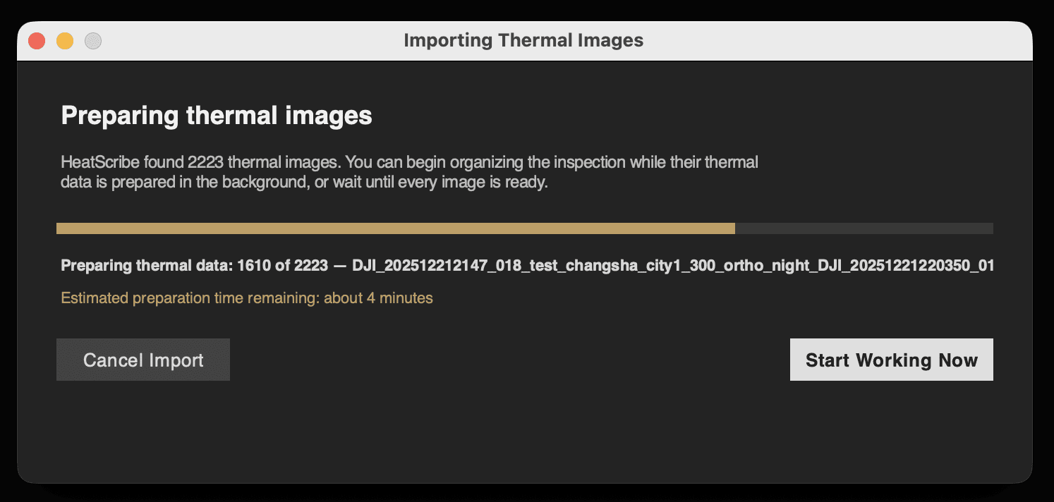 the dialogue box that displays when importing large numbers of thermal images into heatscribe for analysis