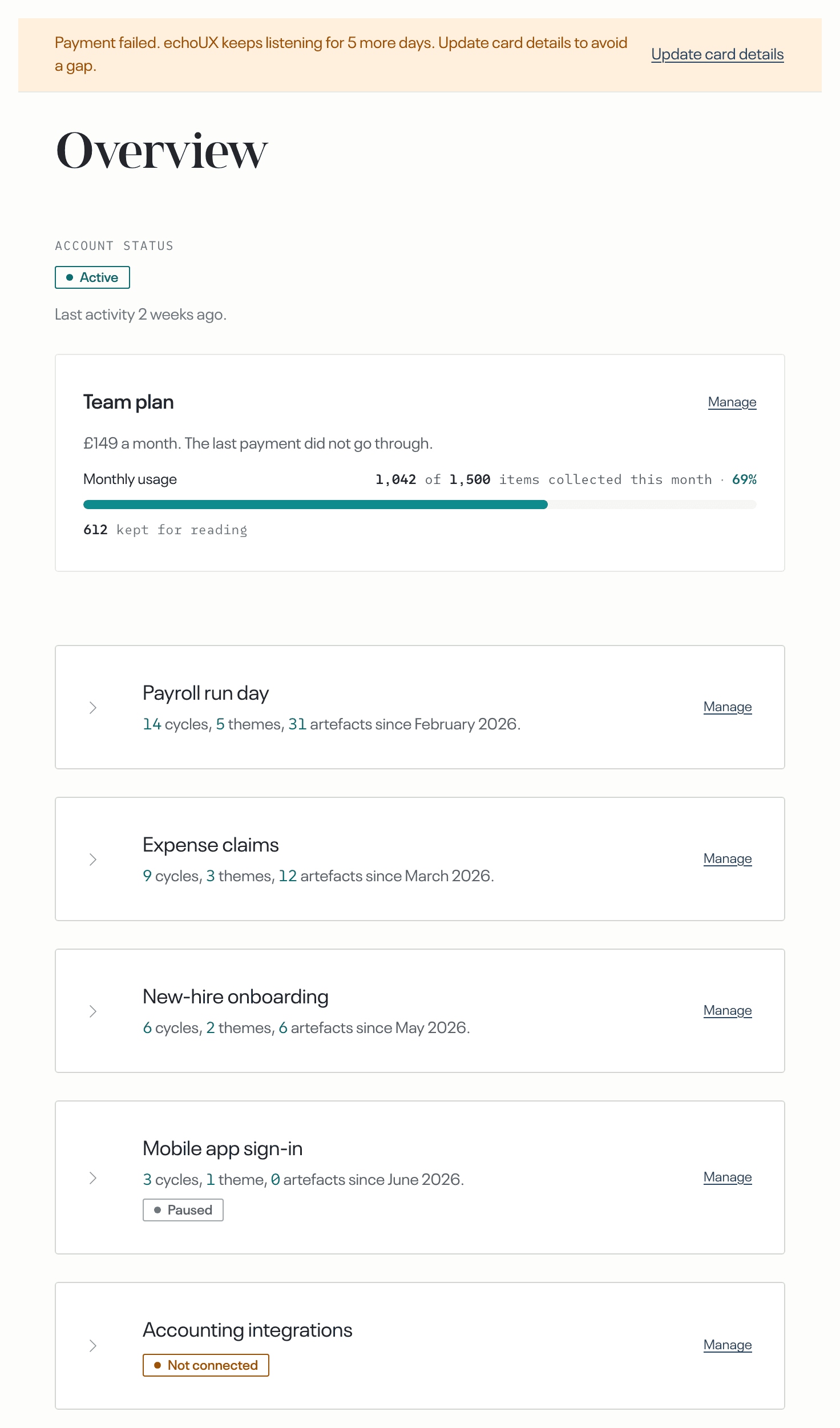 the Overview, demo account with a failed payment · the bar's Payment failed line above the page, and Account status with the Active badge under it