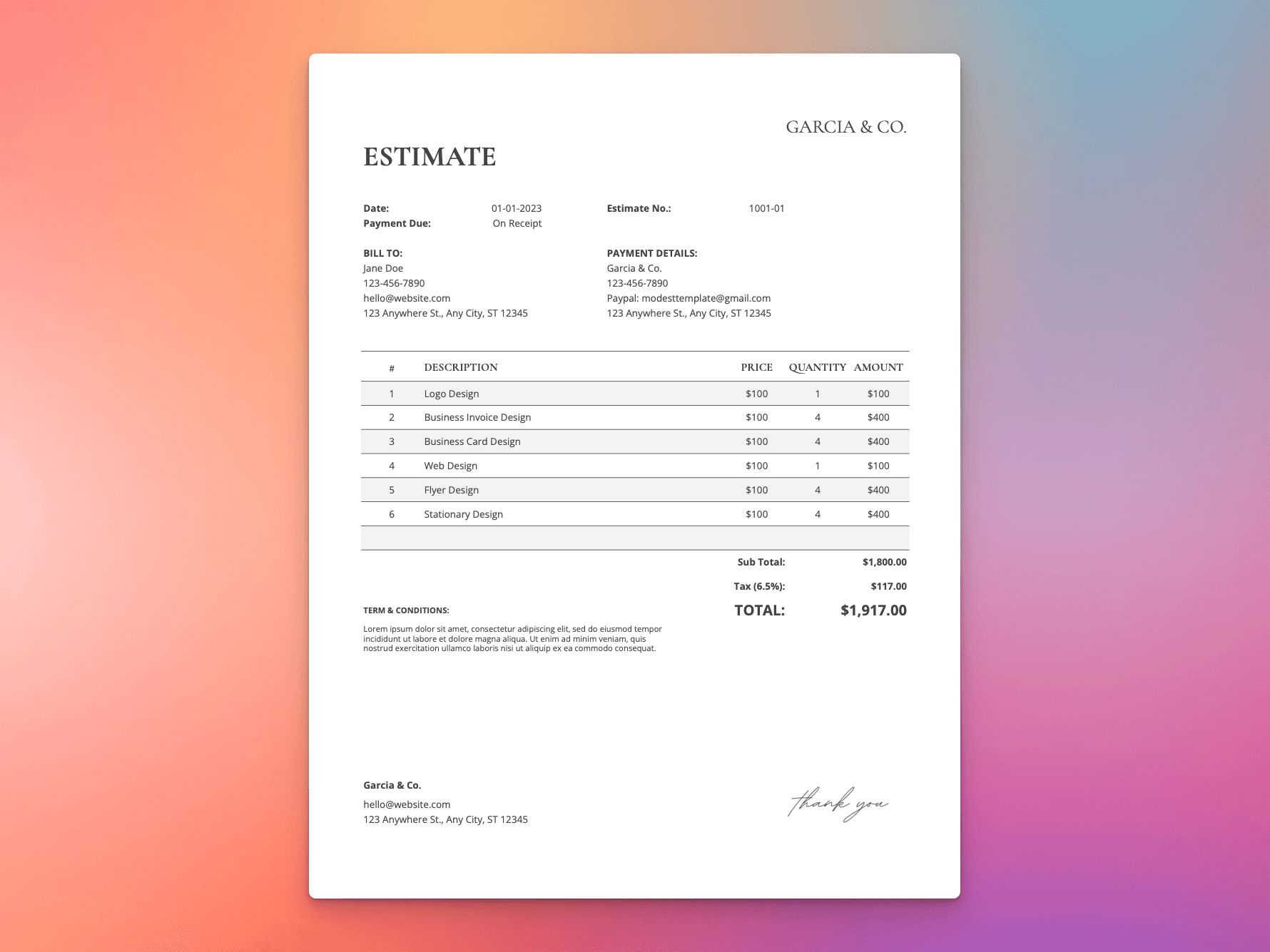 Estimate template displaying itemized services, quantities, and totals with sections for terms, tax, and payment method.
