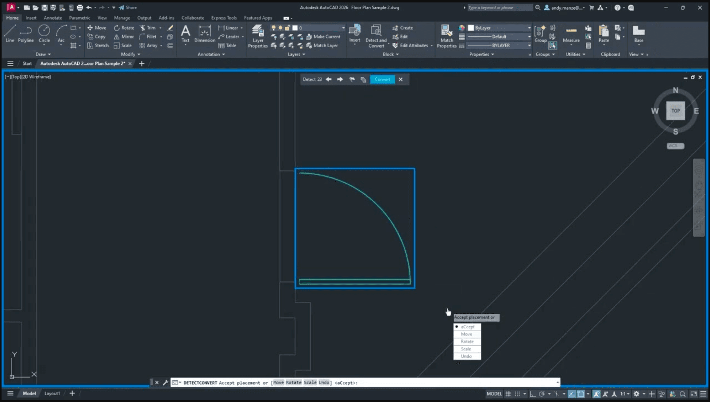 AutoCAD 2026 drawing workspace showing a selected arc and placement options in the command interface.