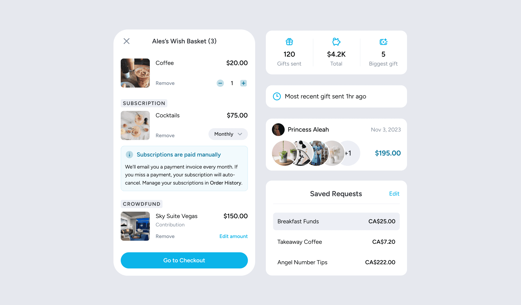 collection of ui elements related to requests, gifts, gifter profile and cart