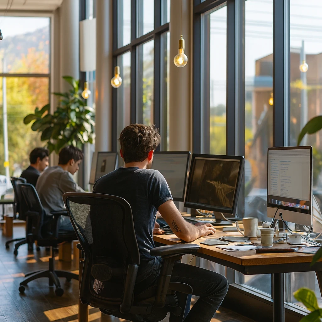 Team working on computers in a bright studio office