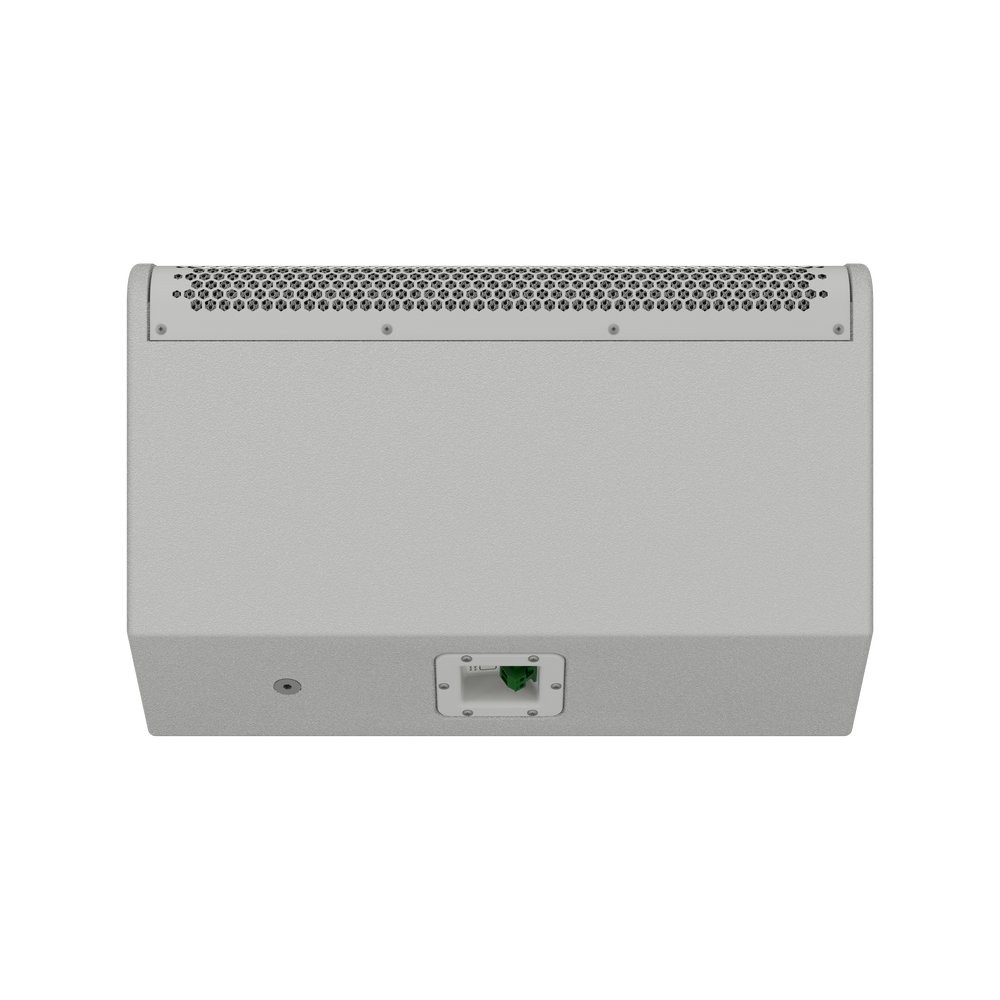 Gray loudspeaker with green connector port.