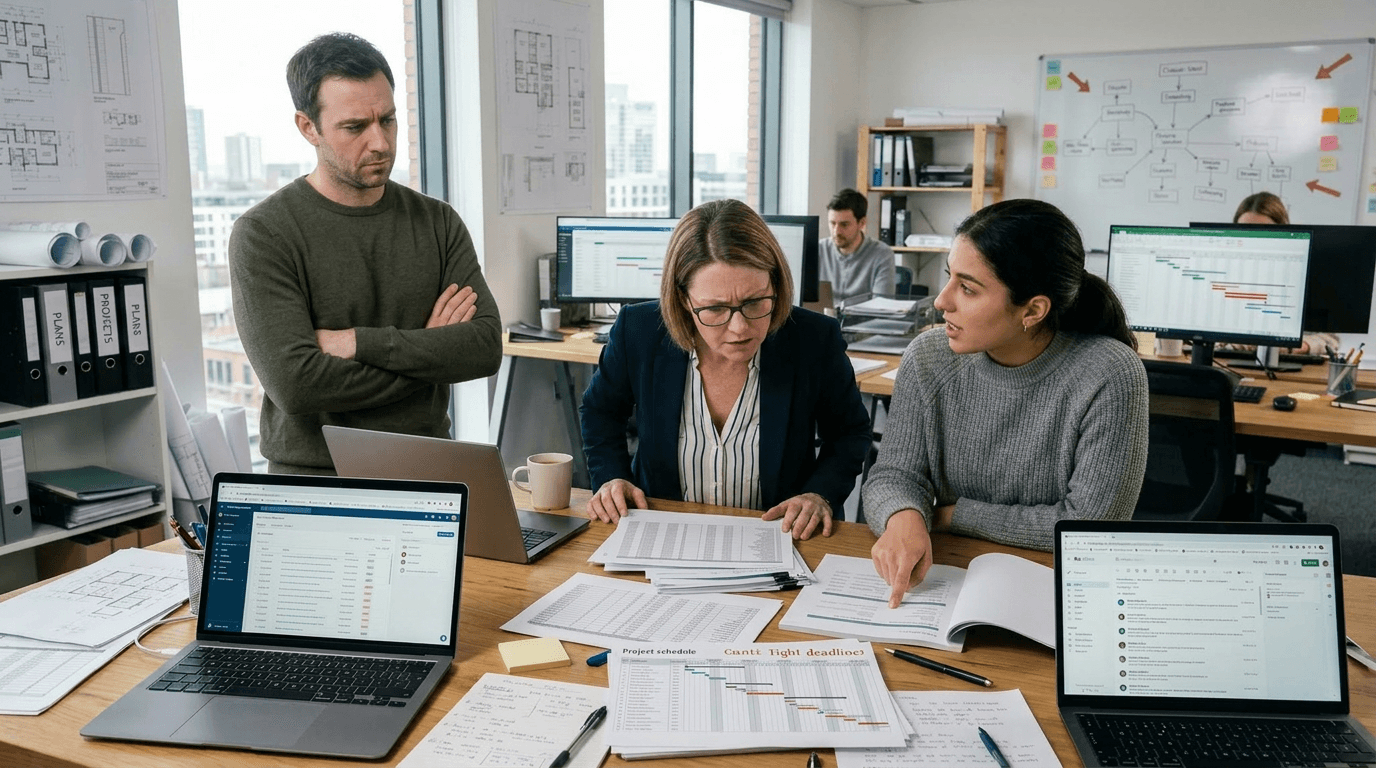 Drei Personen in einem modernen Architekturbüro bei einer angespannten Projektbesprechung. Eine Führungskraft blickt besorgt auf Laptops und Tabellen, ein Mitarbeiter wirkt skeptisch, während eine Kollegin engagiert auf ein Dokument zeigt. Im Hintergrund sind Baupläne und ein Whiteboard mit Prozessdiagrammen zu sehen, die die Komplexität der Arbeitssituation verdeutlichen.