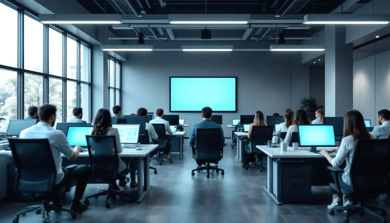 L'image montre un environnement de formation professionnelle moderne où des employés utilisent divers appareils numériques pour le micro apprentissage. Ils accèdent à des modules courts, des vidéos et des quiz, illustrant l'évolution des méthodes d'apprentissage en entreprise.