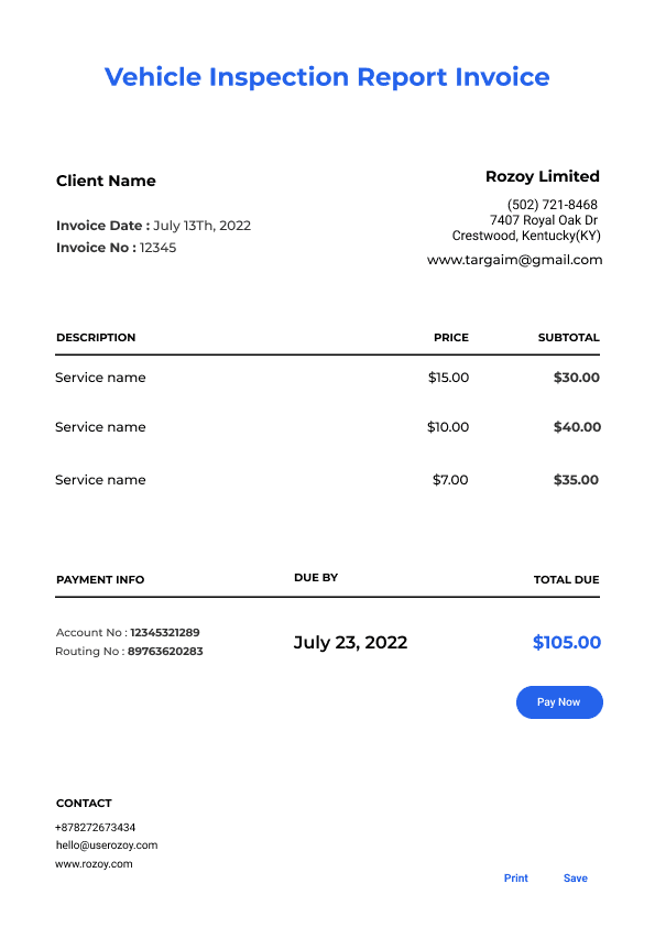 Vehicle Inspection Report Invoice