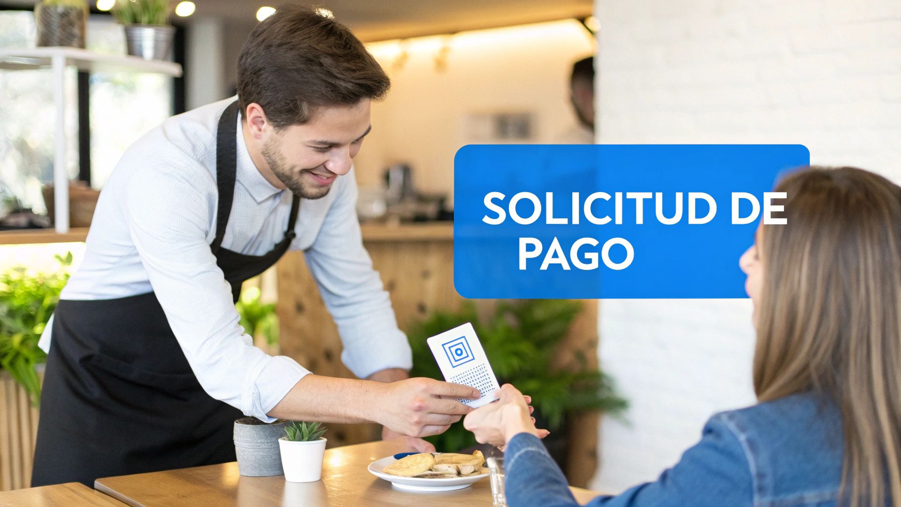Mesero sonriente presentando una tarjeta o código QR de pago a una clienta en una cafetería, con texto 'SOLICITUD DE PAGO'.
