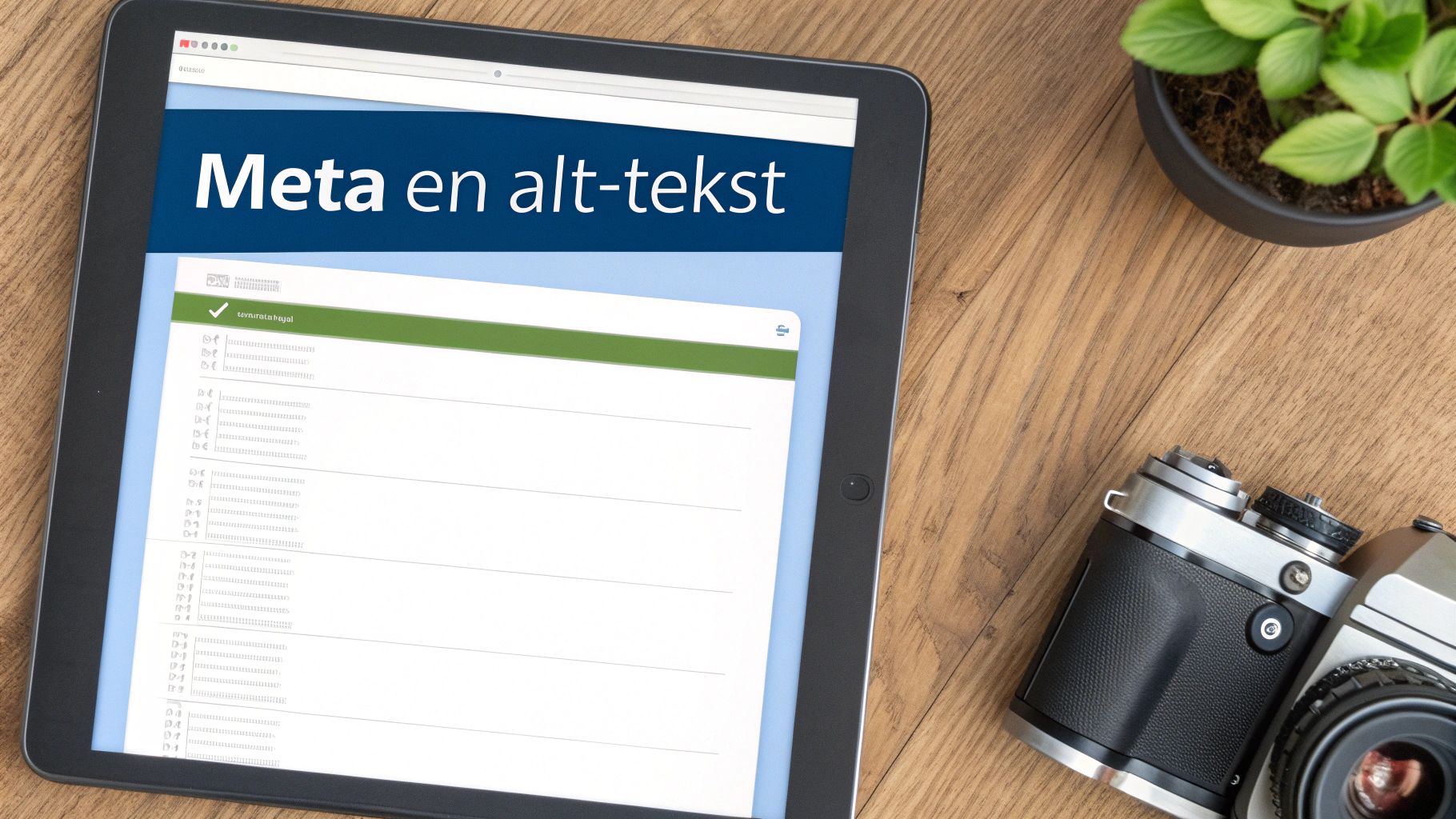 Een tablet op een houten bureau met de tekst 'Meta en alt-tekst' op het scherm, naast een groene plant en een retro camera.