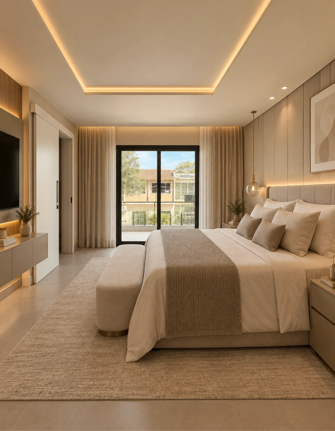 Cama de casal com banco aos pés, painel de TV e porta de vidro para a varanda.