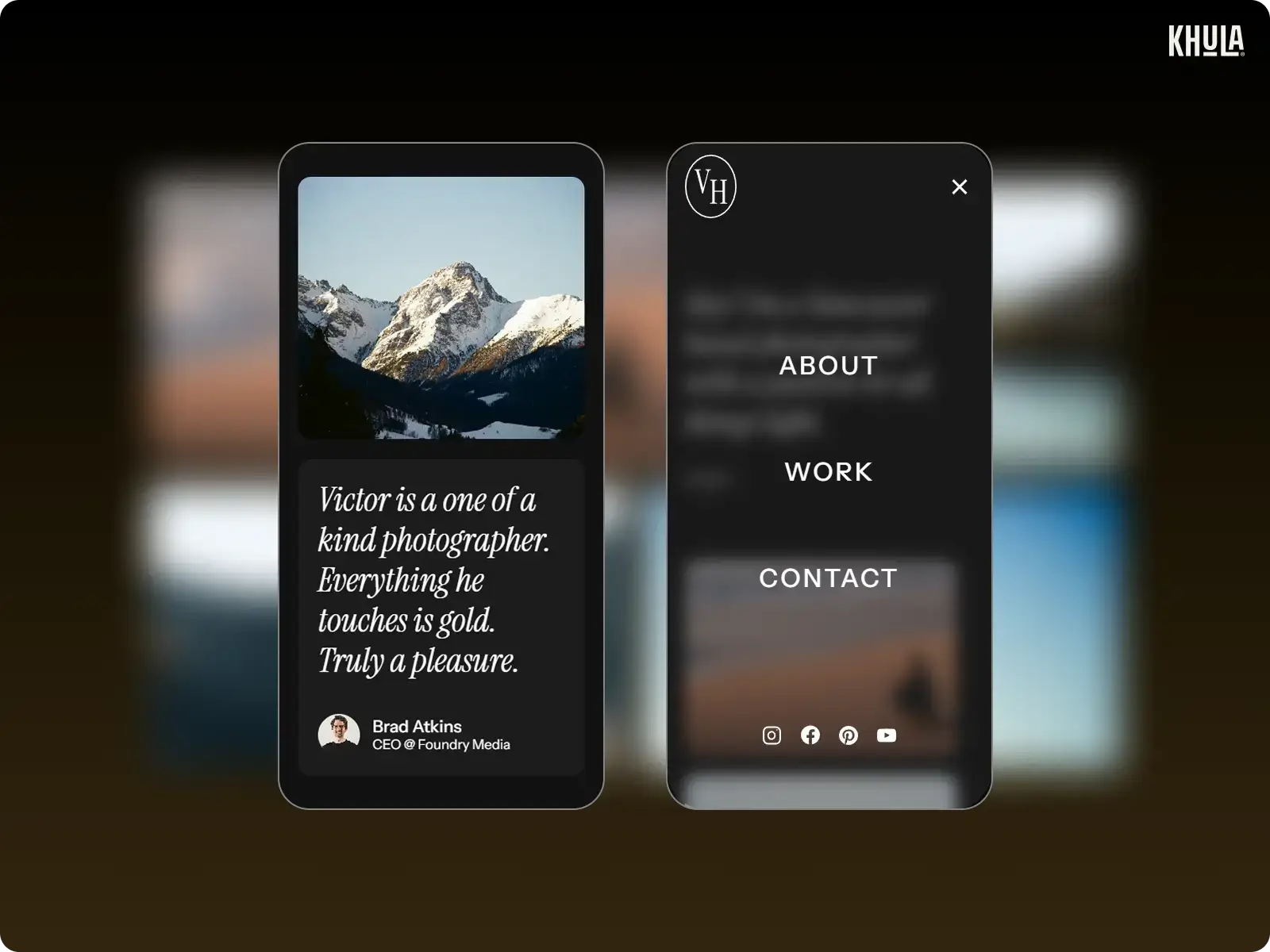 Golden Hour template on mobile showing a testimonial and an open navigation menu