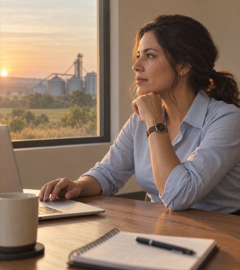 Profissional do comercial da indústria diante do notebook, com os silos ao fundo pela janela