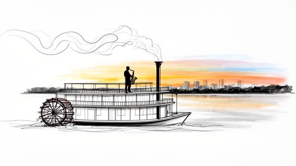 A scenic illustration of a paddle steamer riverboat with a saxophonist on deck against a sunset city skyline.