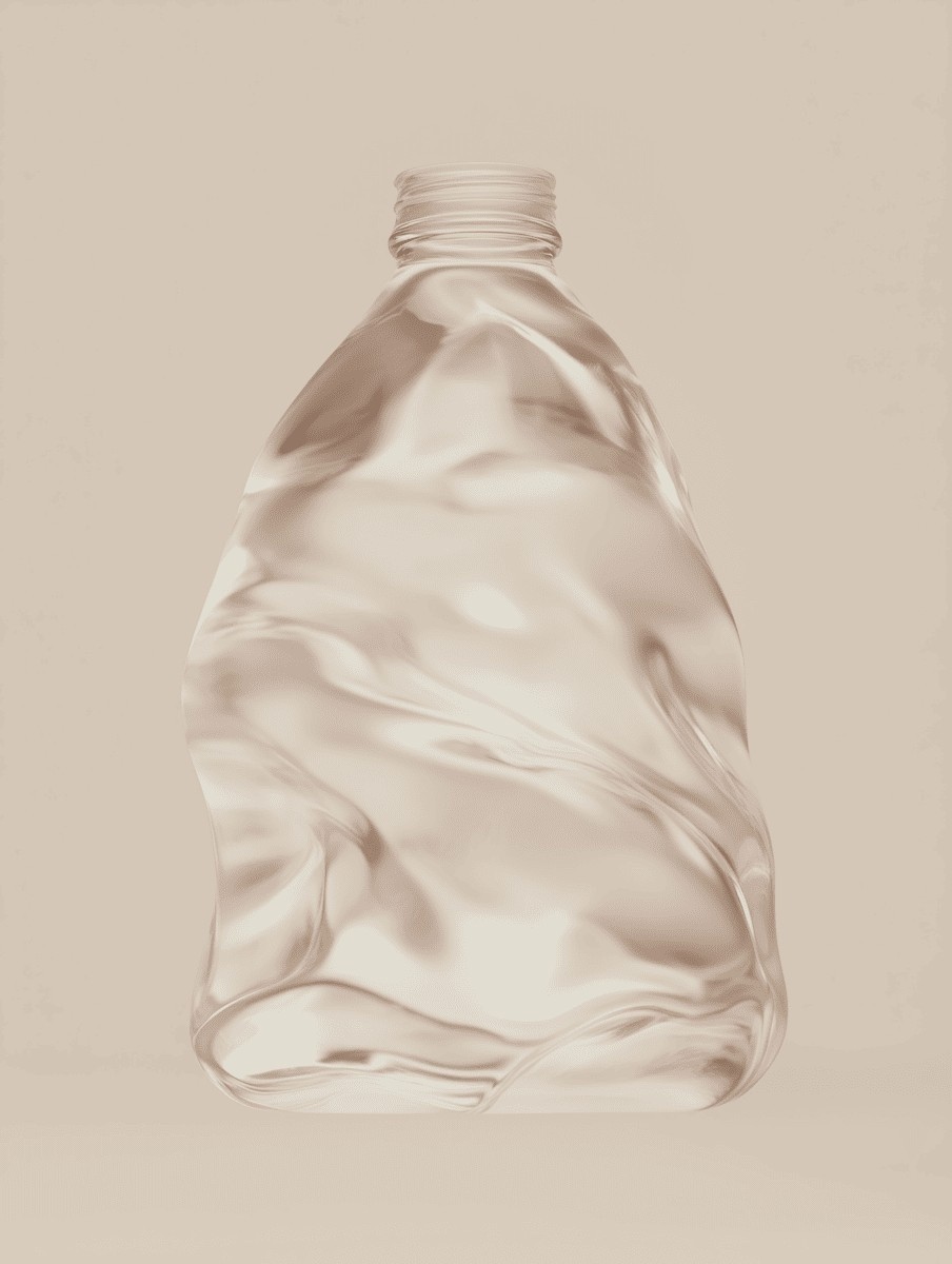 A transparent, crumpled plastic bottle standing upright against a neutral beige background, showcasing its unique, distorted texture and minimalist design.