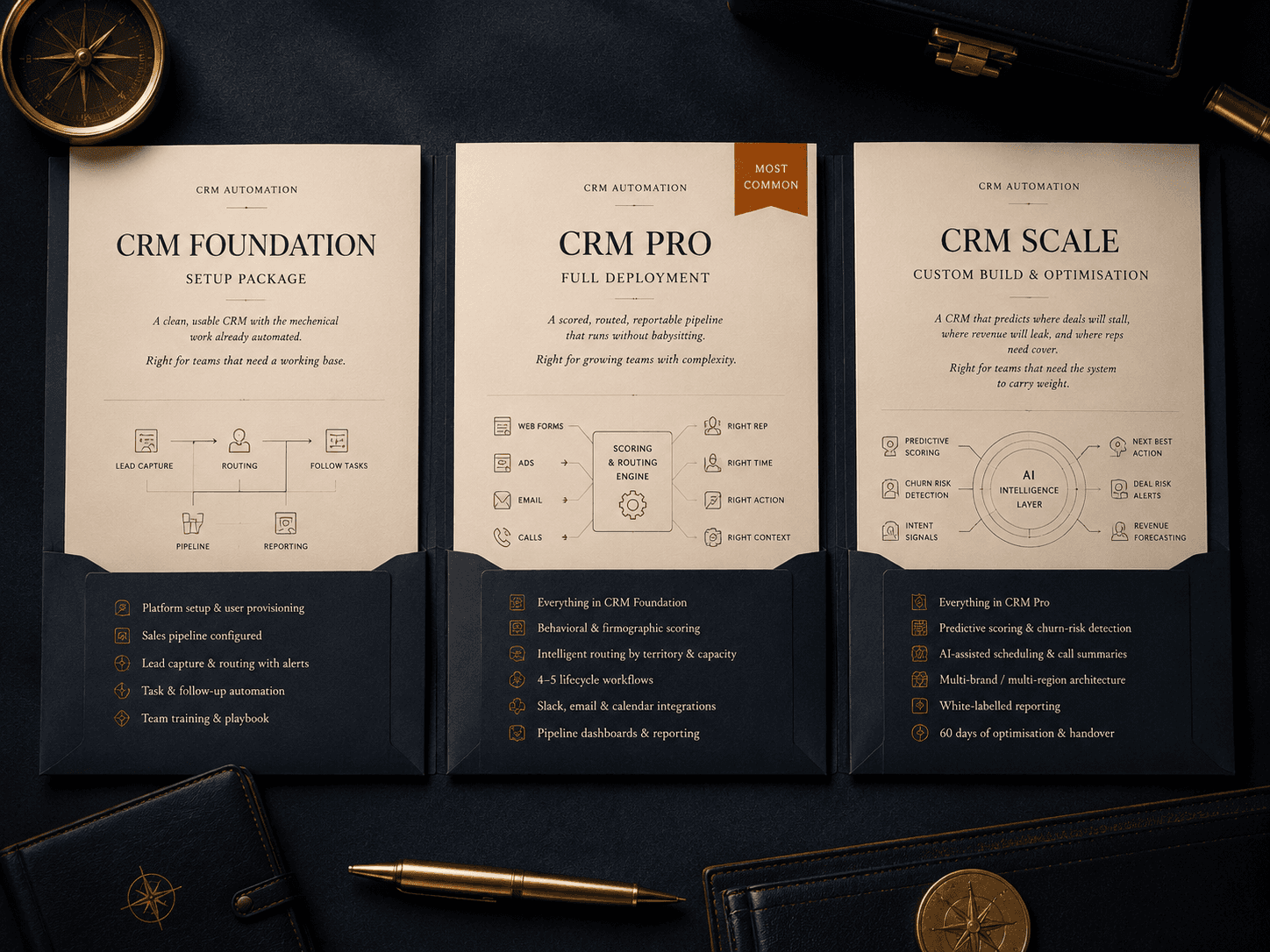3 documents lay flat on a table discussing the 3 packages for implementing crm automation